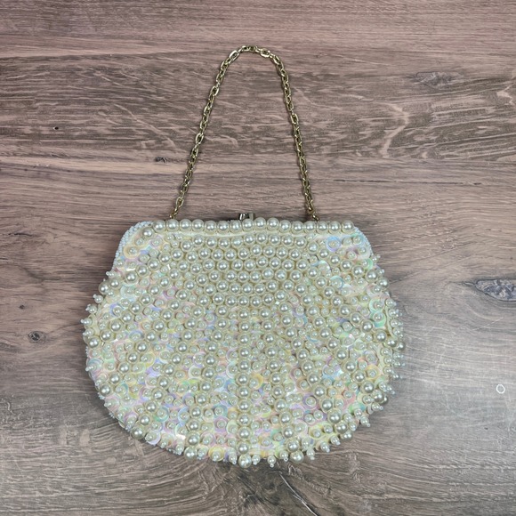 VTG 1960's LaRegale LTD Pearl Sequin Beaded Clutch Bag Gold Chain Evening Purse - Picture 2 of 10